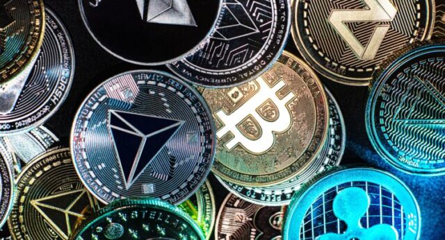 Horizontal,View,Of,Cryptocurrency,Tokens,,Including,Bitcoin,,Tron,,And,Dash