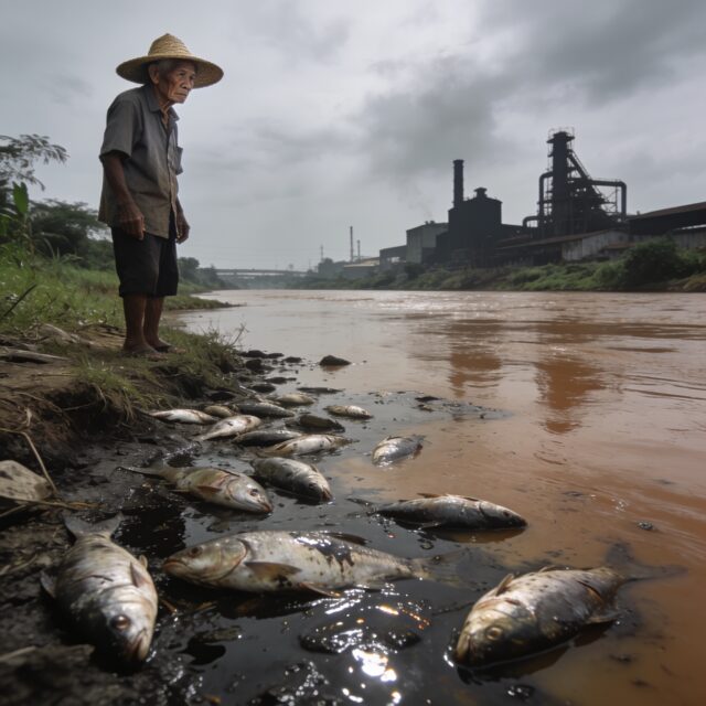 เกษตรกรมองสภาพแม่น้ำปราจีนบุรีที่มีปลาตาย