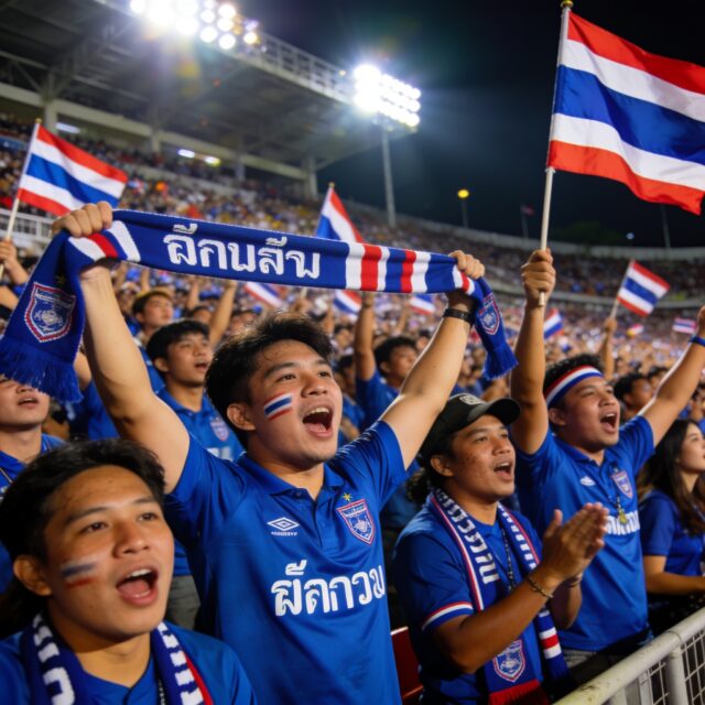 แฟนบอลไทยในสนามฟุตบอลยามค่ำ กองเชียร์ฟุตบอลทีมชาติไทยในสนาม